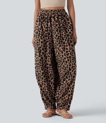 Lässige, hoch taillierte Jogginghose aus Waffelstoff mit fließendem Herbst, Leopardenmuster und Taschen.