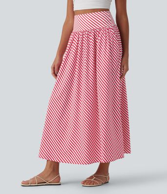 High Waisted Stripe Maxi Casual Flowy Skirt with Pockets