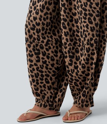 Lässige, hoch taillierte Jogginghose aus Waffelstoff mit fließendem Herbst, Leopardenmuster und Taschen.