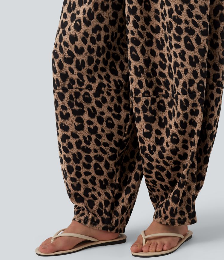 Lässige, hoch taillierte Jogginghose aus Waffelstoff mit fließendem Herbst, Leopardenmuster und Taschen.