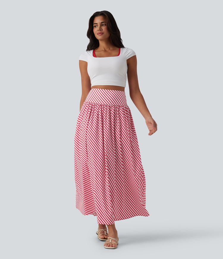 High Waisted Stripe Maxi Casual Flowy Skirt with Pockets