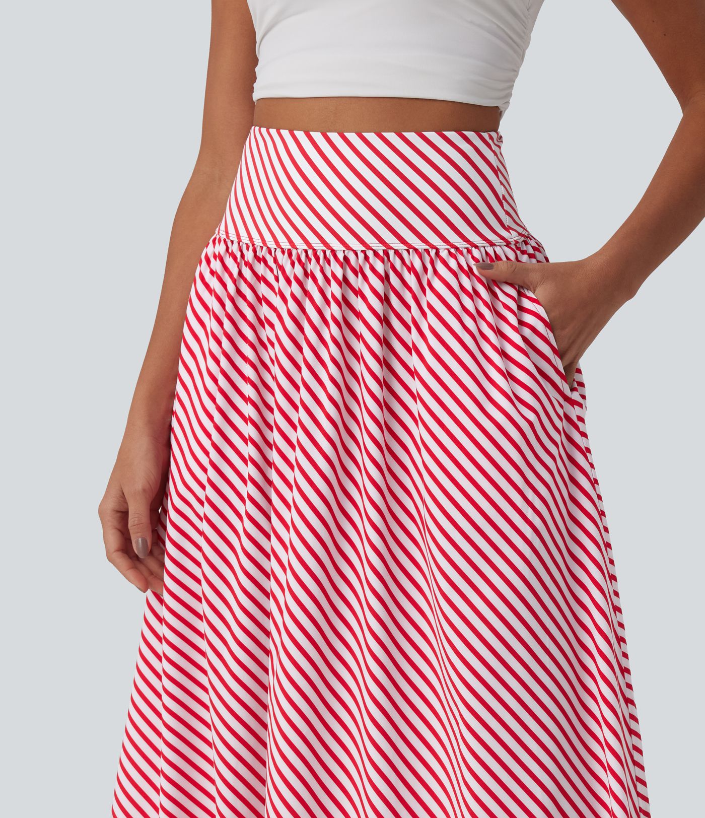 High Waisted Stripe Maxi Casual Flowy Skirt with Pockets