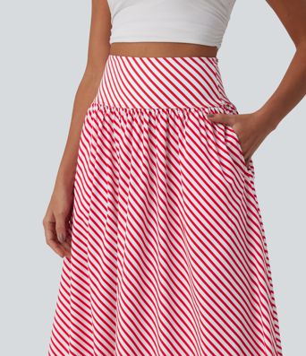 High Waisted Stripe Maxi Casual Flowy Skirt with Pockets