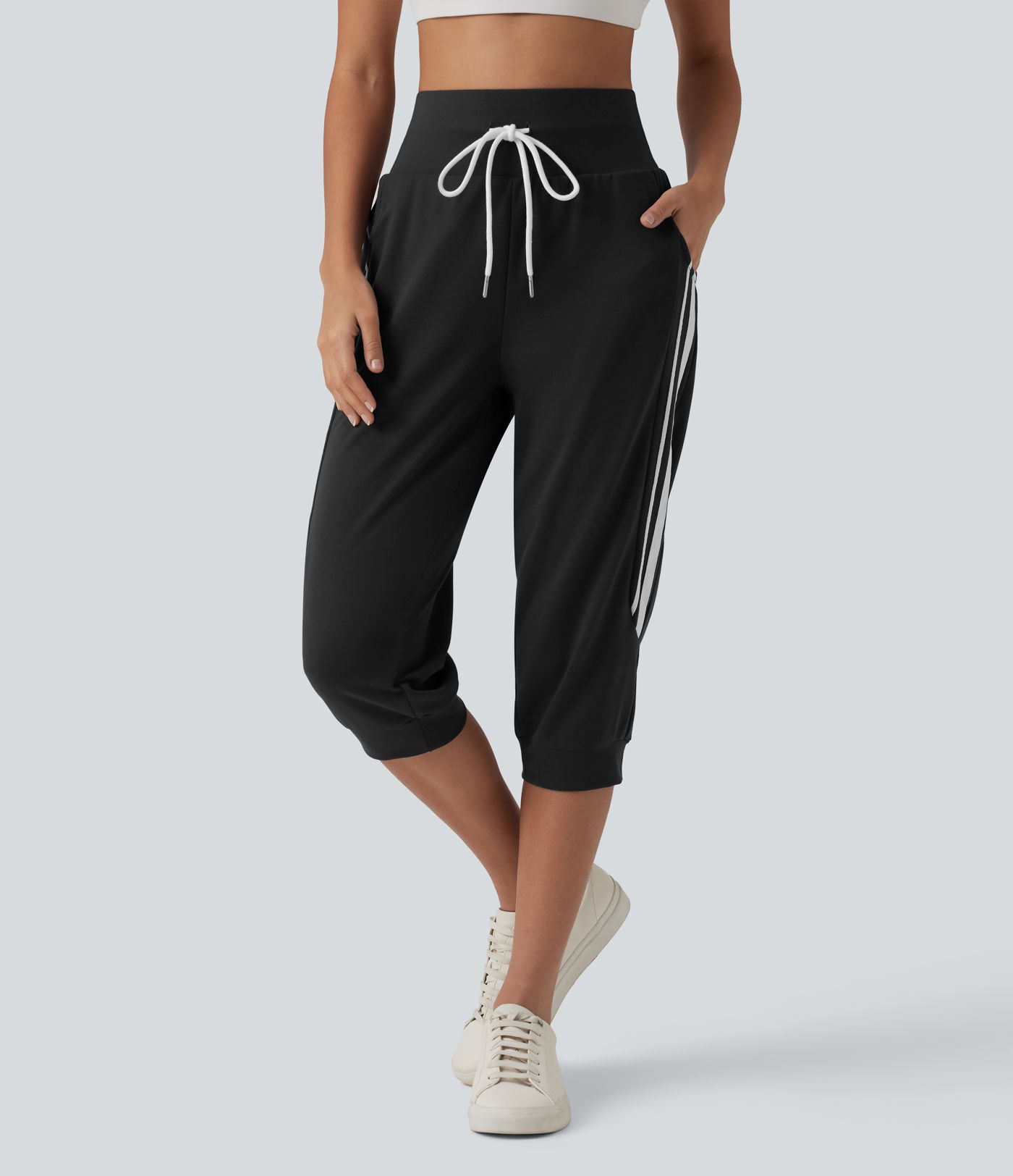 Jogging casual capri à rayures taille haute avec cordon de serrage et poches