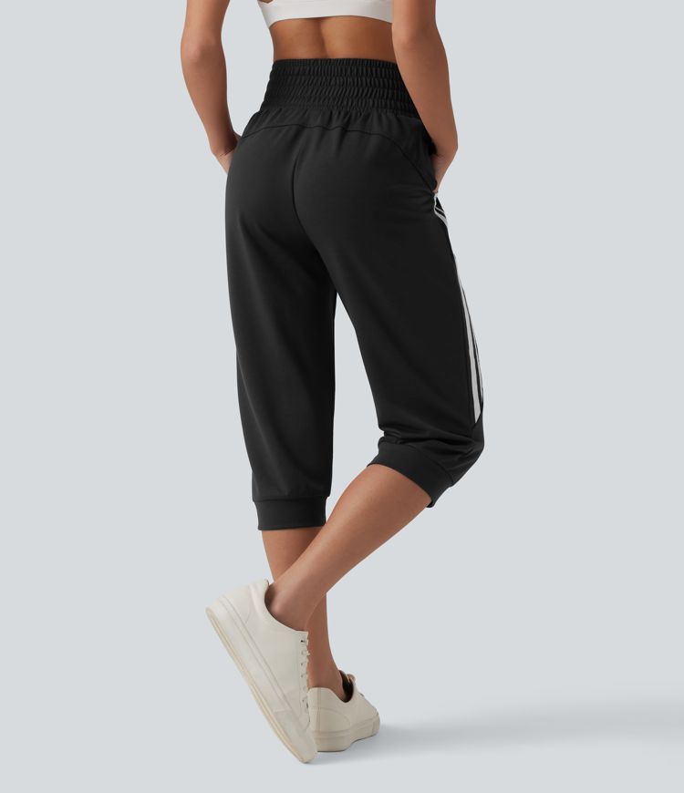 Jogging casual capri à rayures taille haute avec cordon de serrage et poches