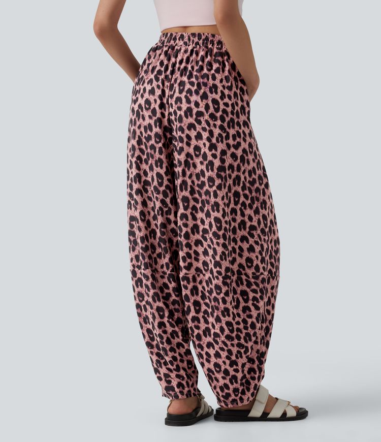 Jogging casual fluide gaufré imprimé léopard taille haute avec poches