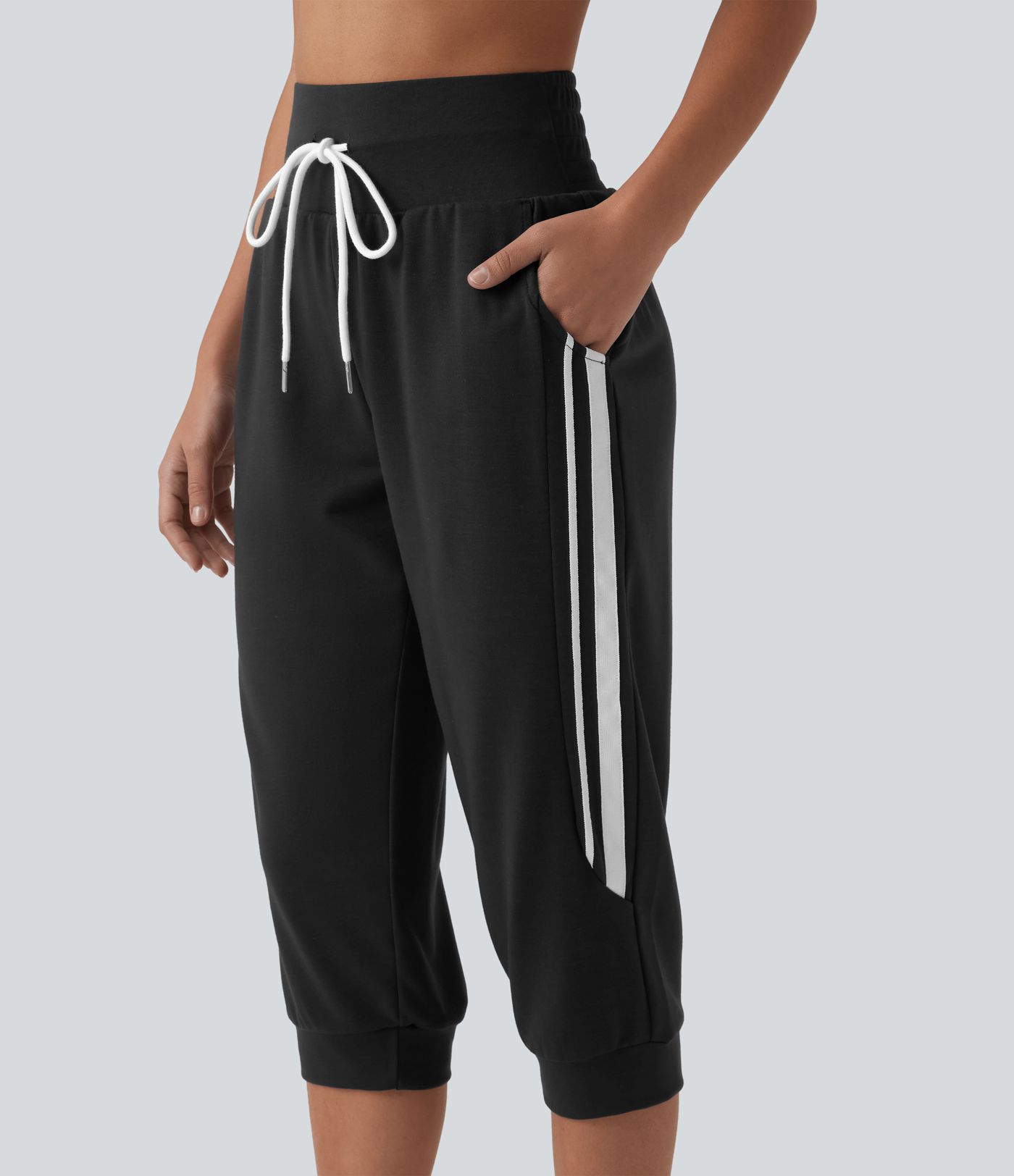 Jogging casual capri à rayures taille haute avec cordon de serrage et poches