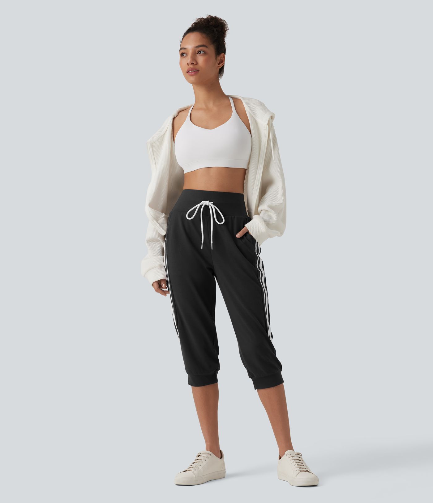 Jogging casual capri à rayures taille haute avec cordon de serrage et poches