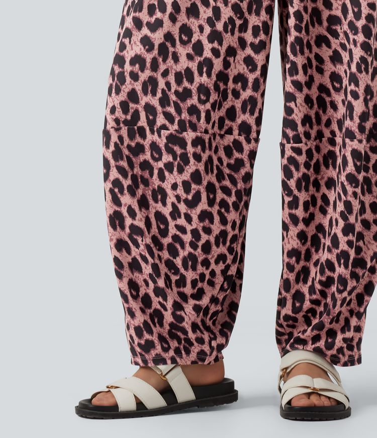 Jogging casual fluide gaufré imprimé léopard taille haute avec poches