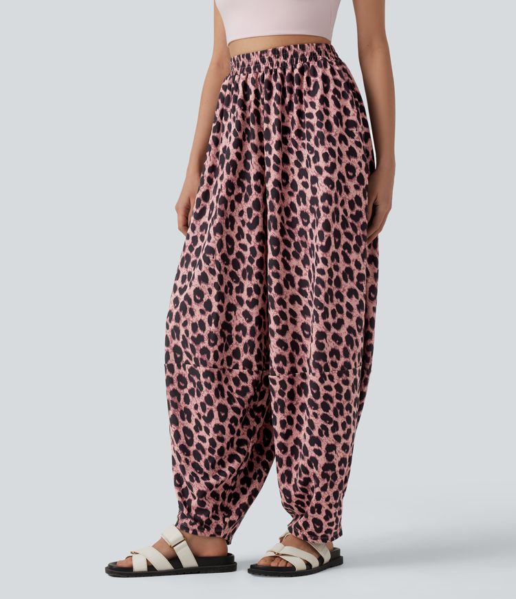 Jogging casual fluide gaufré imprimé léopard taille haute avec poches