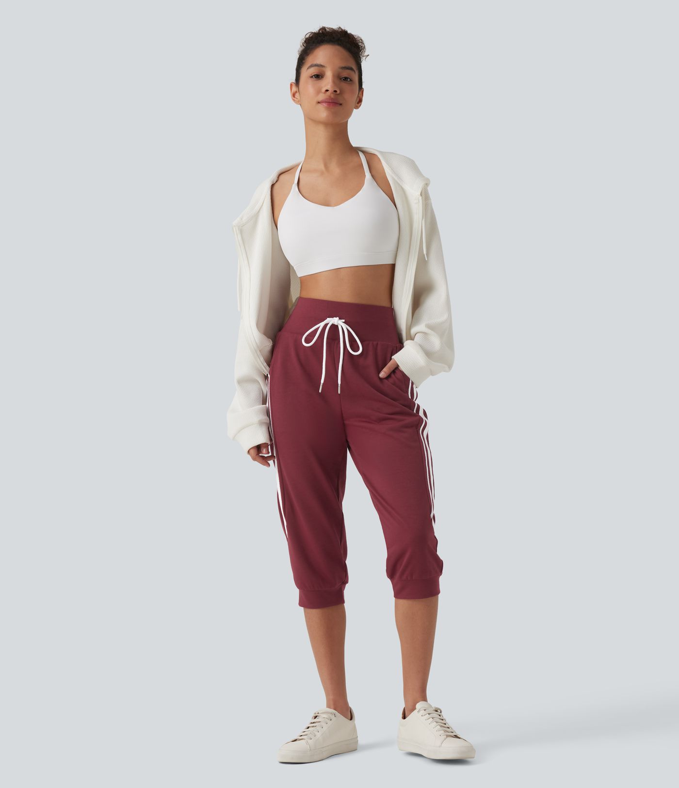High Waisted Drawstring Stripe Capri Casual Joggers with Pockets