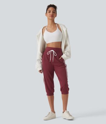High Waisted Drawstring Stripe Capri Casual Joggers with Pockets