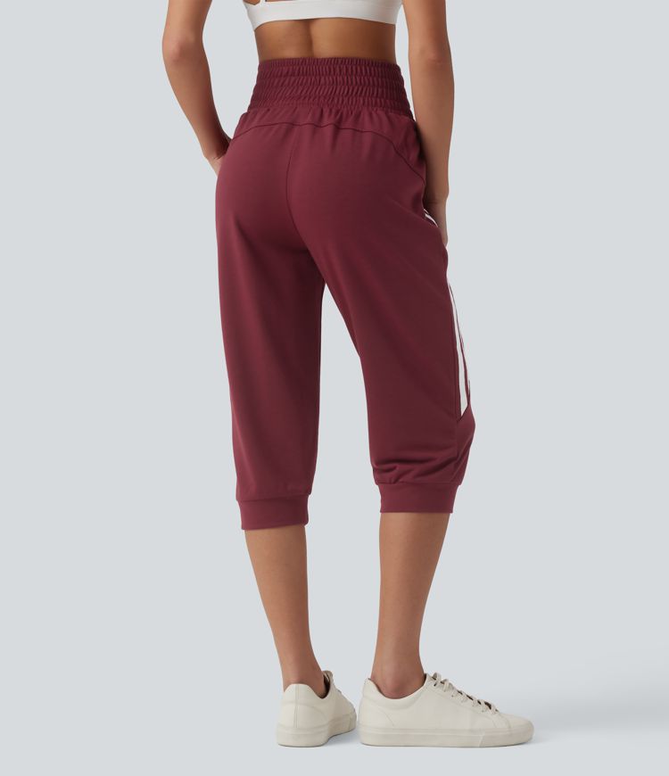 High Waisted Drawstring Stripe Capri Casual Joggers with Pockets