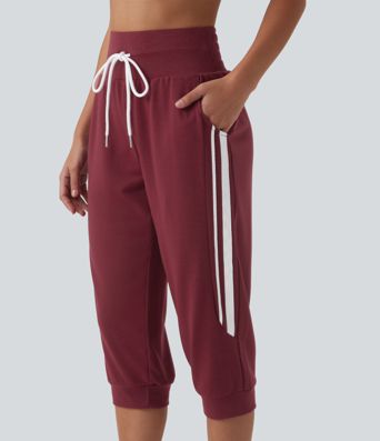 High Waisted Drawstring Stripe Capri Casual Joggers with Pockets