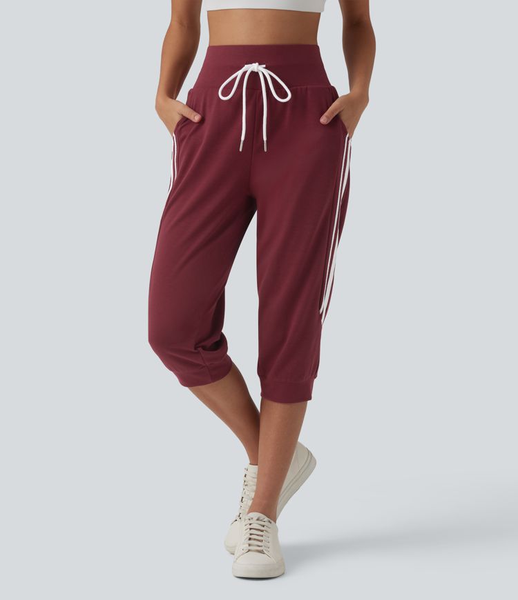 High Waisted Drawstring Stripe Capri Casual Joggers with Pockets