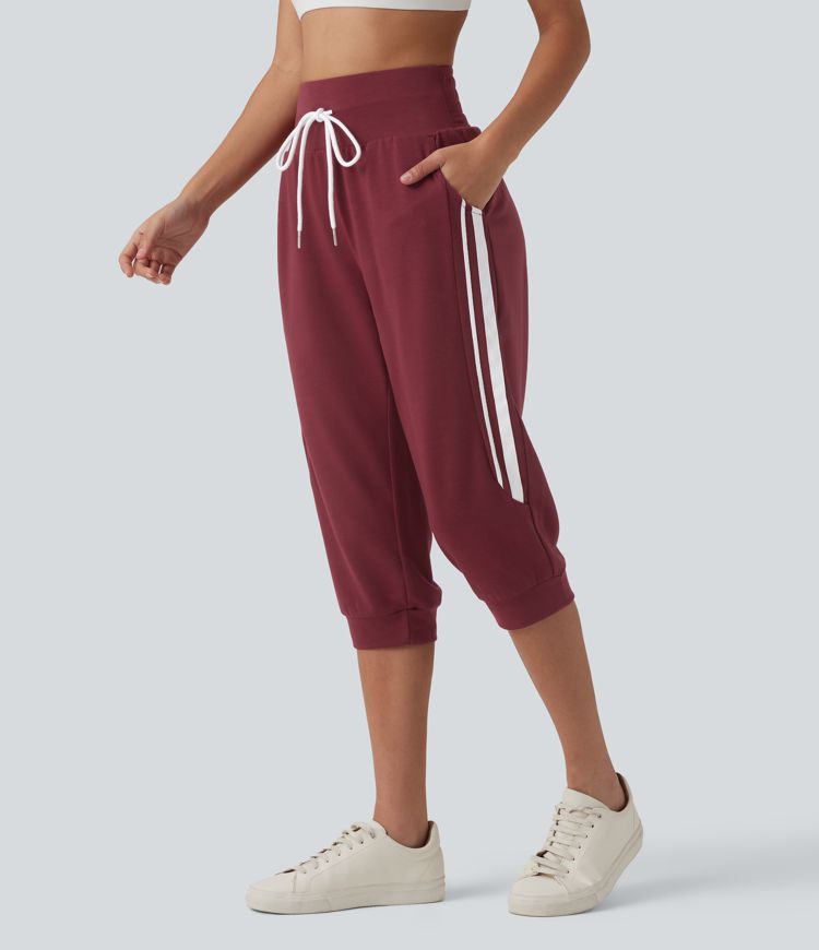 High Waisted Drawstring Stripe Capri Casual Joggers with Pockets