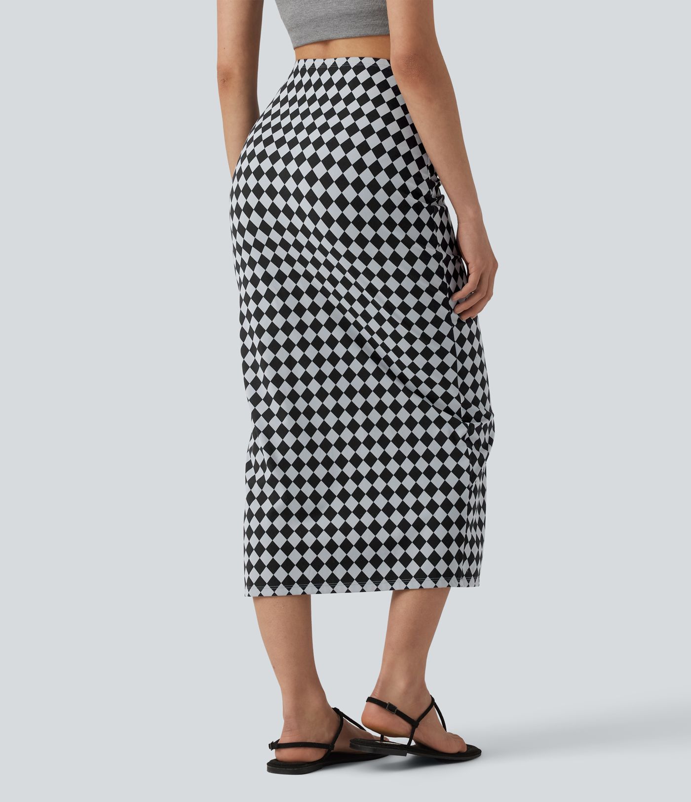 Halara UltraSculpt™ falda midi ajustada de cintura alta con estampado de cuadros y cordón, de estilo casual