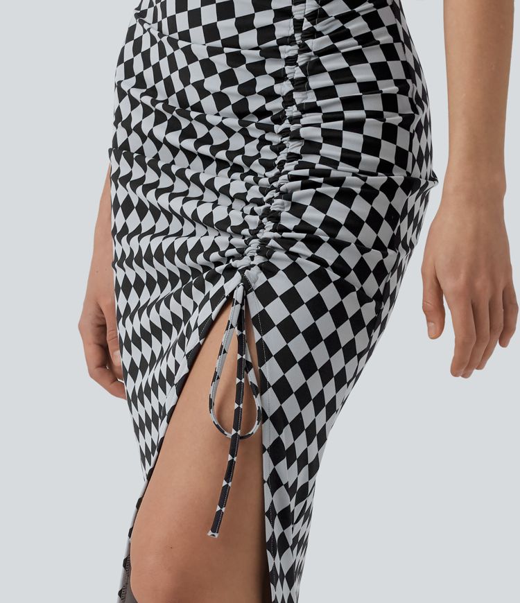 Halara UltraSculpt™ falda midi ajustada de cintura alta con estampado de cuadros y cordón, de estilo casual