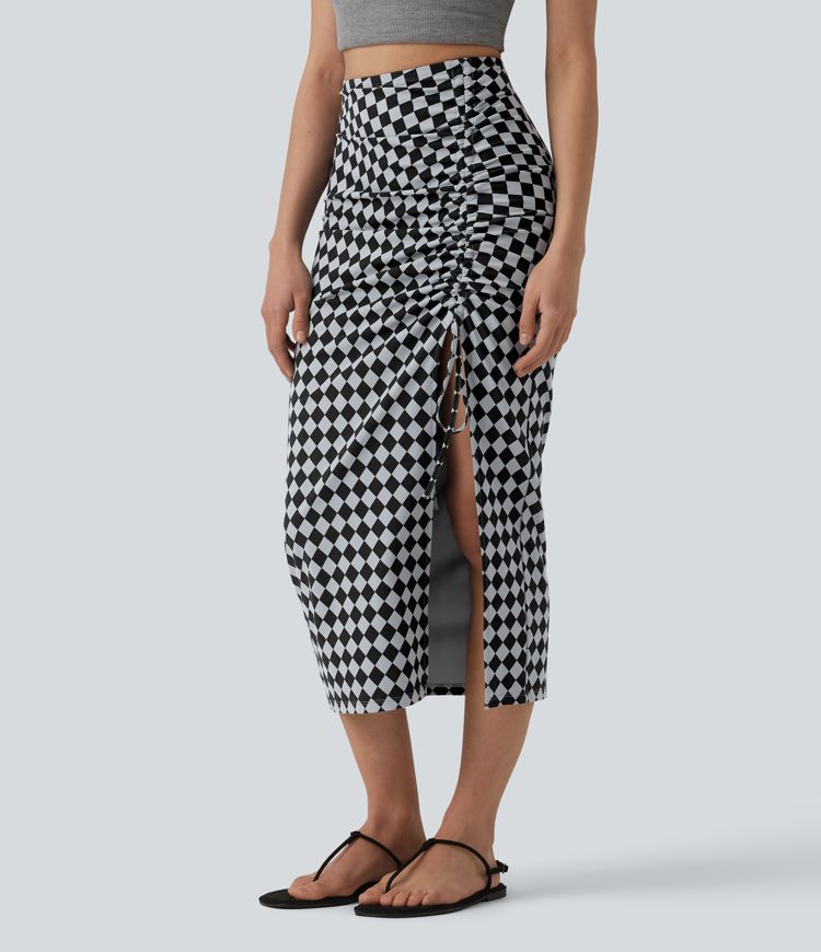 Halara UltraSculpt™ falda midi ajustada de cintura alta con estampado de cuadros y cordón, de estilo casual