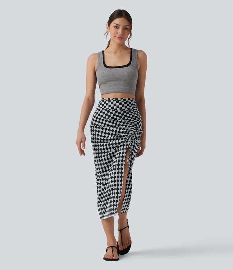 Halara UltraSculpt™ falda midi ajustada de cintura alta con estampado de cuadros y cordón, de estilo casual