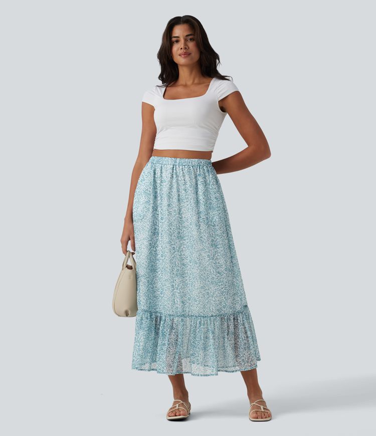 Lässiger, fließender Midirock mit hohem Bund, Seitentaschen und Blumenmuster