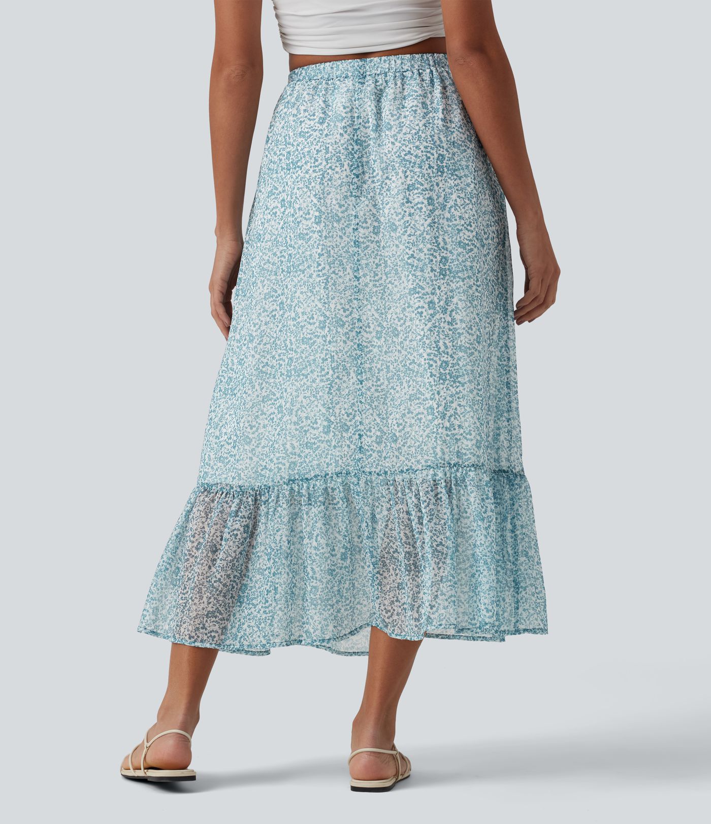 Lässiger, fließender Midirock mit hohem Bund, Seitentaschen und Blumenmuster