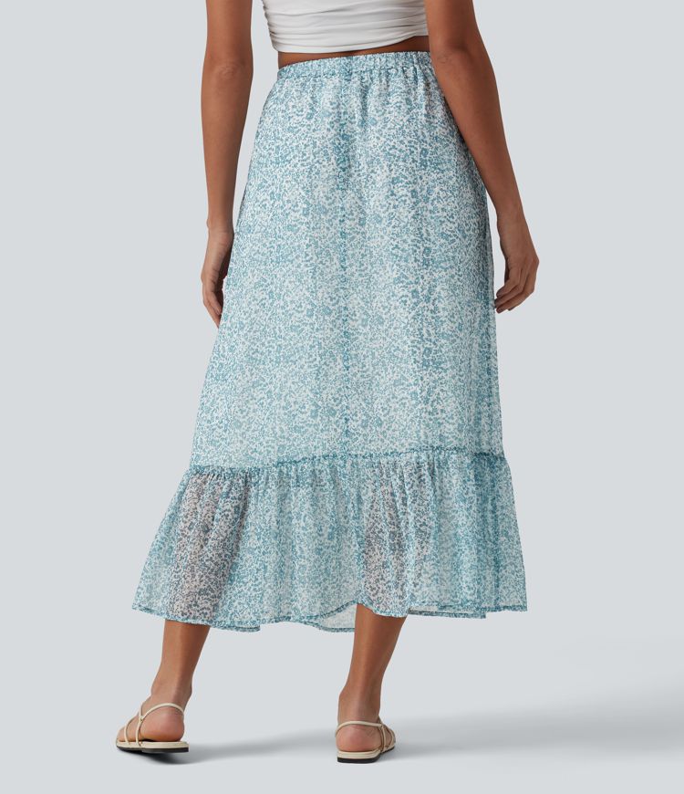 Lässiger, fließender Midirock mit hohem Bund, Seitentaschen und Blumenmuster