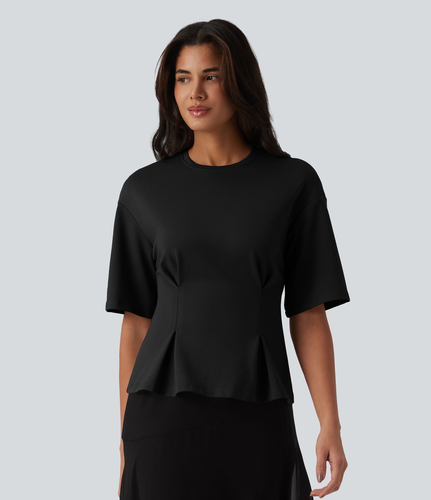 Round Neck Cinched Waist Casual Peplum Blouse