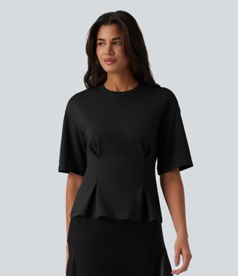 Round Neck Cinched Waist Casual Peplum Blouse