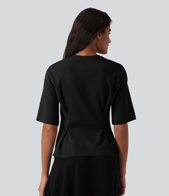 Round Neck Cinched Waist Casual Peplum Blouse