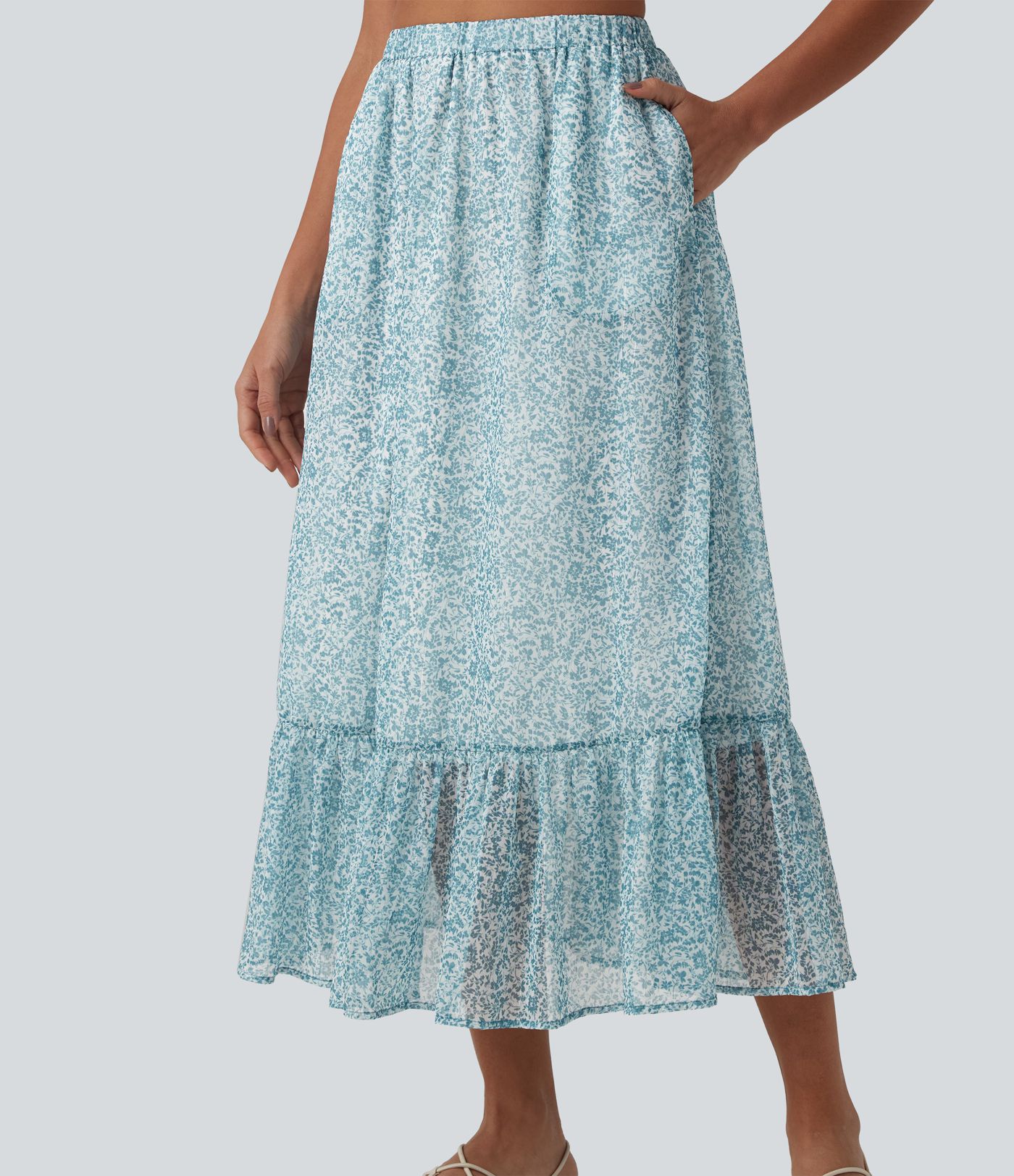 Lässiger, fließender Midirock mit hohem Bund, Seitentaschen und Blumenmuster