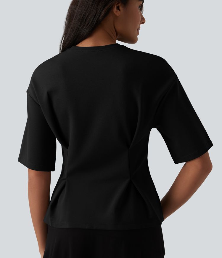 Round Neck Cinched Waist Casual Peplum Blouse