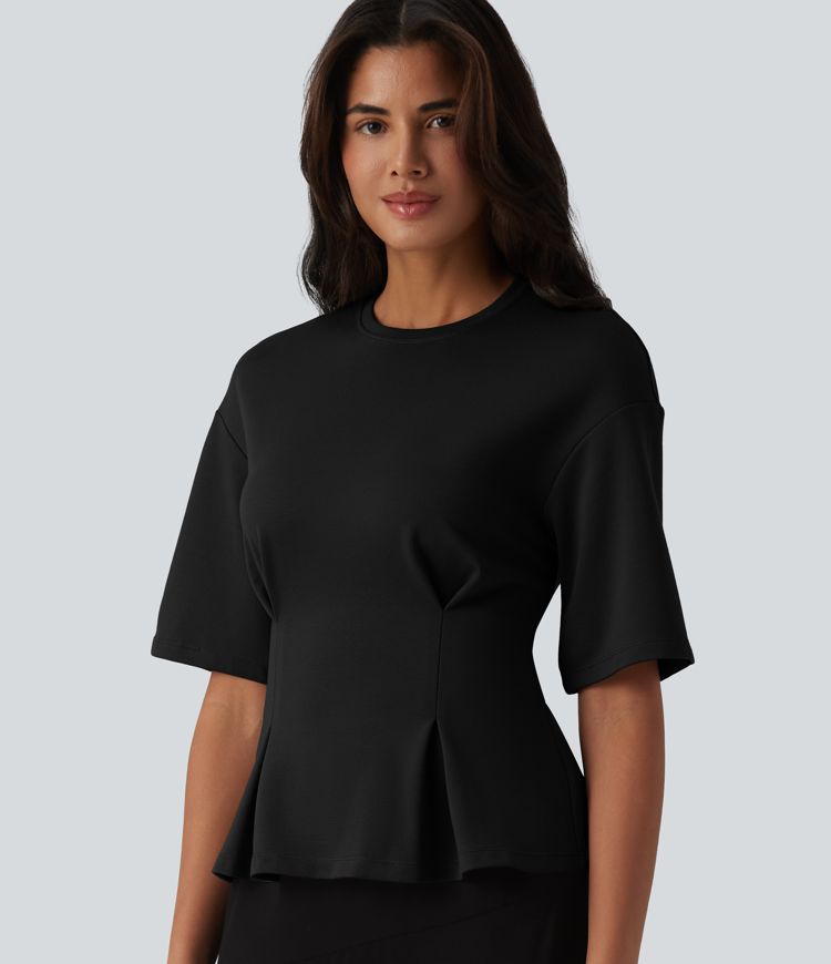 Round Neck Cinched Waist Casual Peplum Blouse