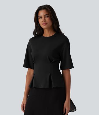 Round Neck Cinched Waist Casual Peplum Blouse