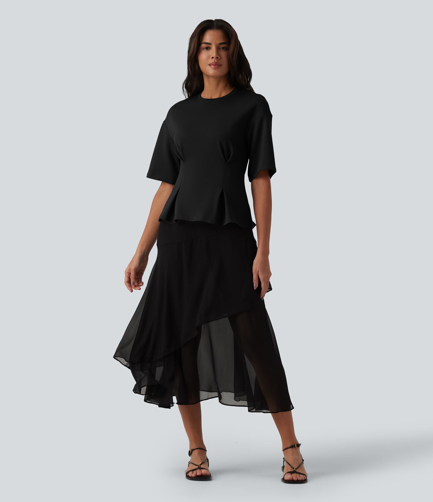 Round Neck Cinched Waist Casual Peplum Blouse