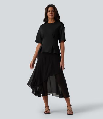 Round Neck Cinched Waist Casual Peplum Blouse