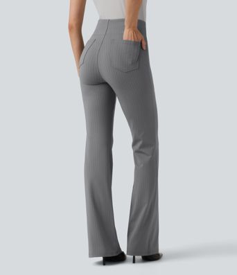 Pantalones de trabajo acampanados de talle alto a rayas con bolsillos