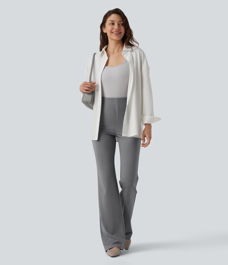 Pantalones de trabajo acampanados de talle alto a rayas con bolsillos