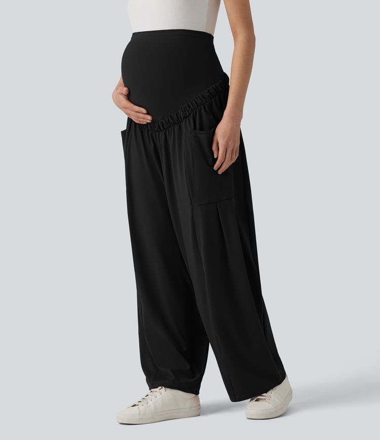 Super High Waisted Drawstring Casual Maternity Baggy Pants with Pockets