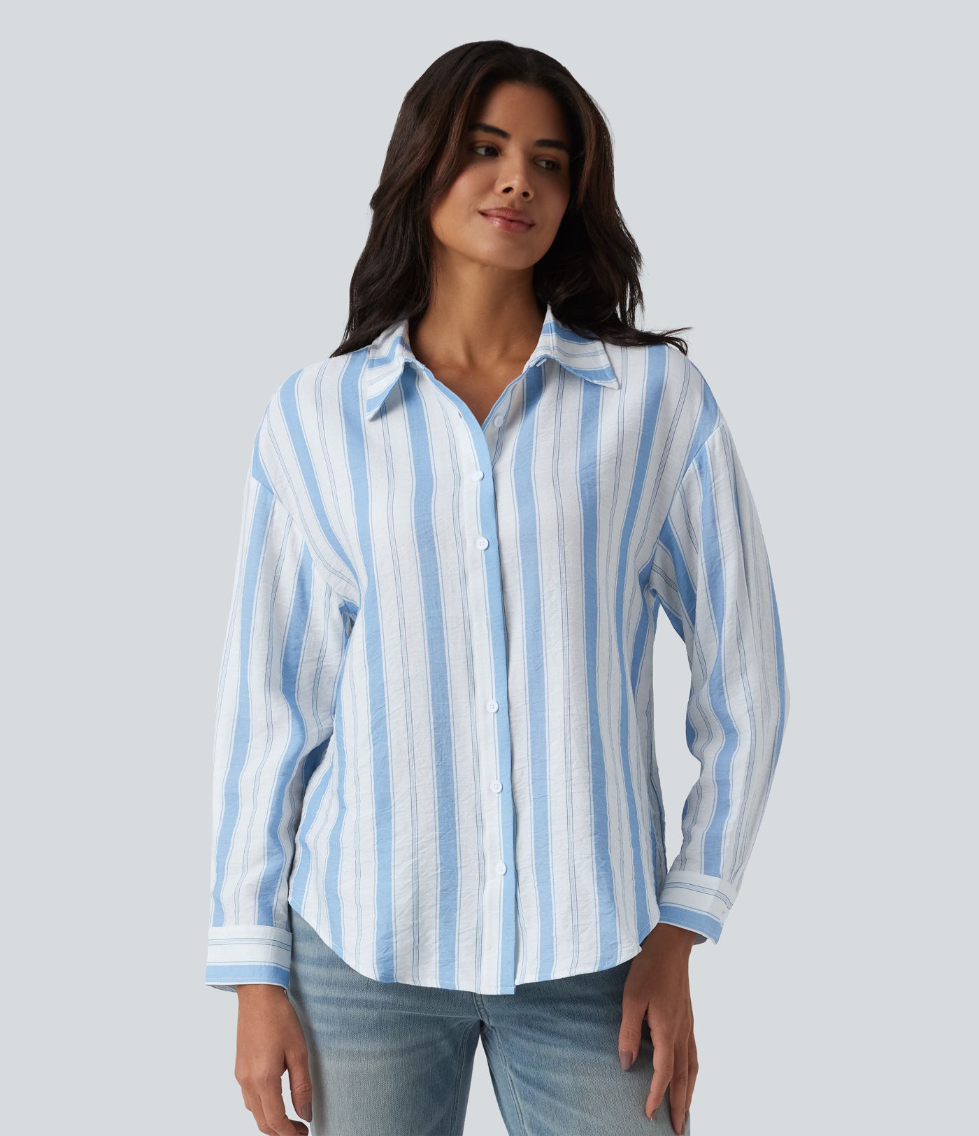 Chemise casual aspect lin à rayures col manches longues