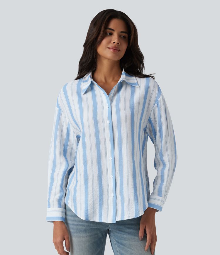Chemise casual aspect lin à rayures col manches longues