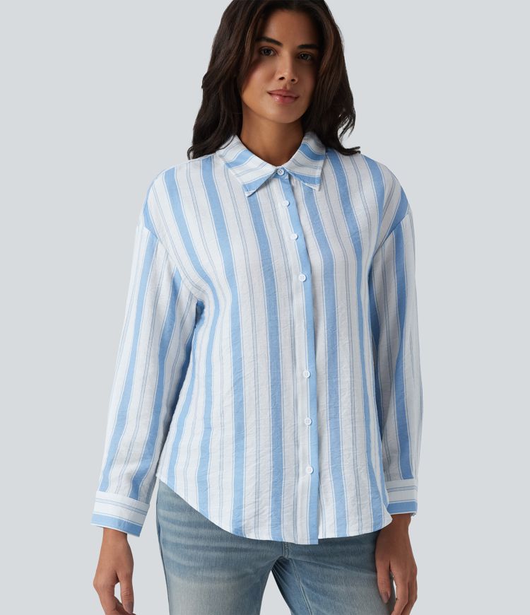 Chemise casual aspect lin à rayures col manches longues