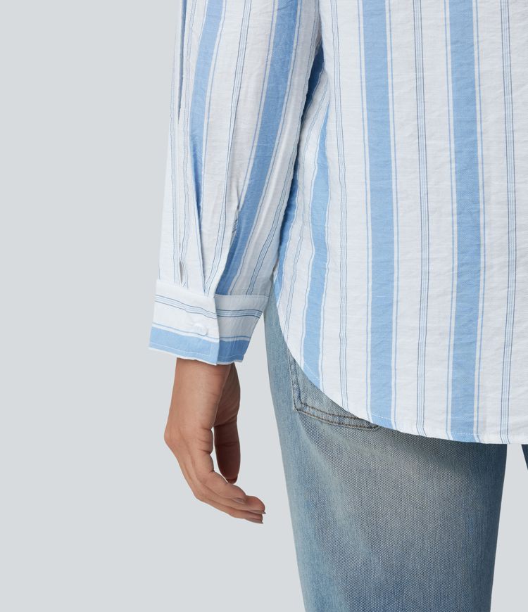 Chemise casual aspect lin à rayures col manches longues