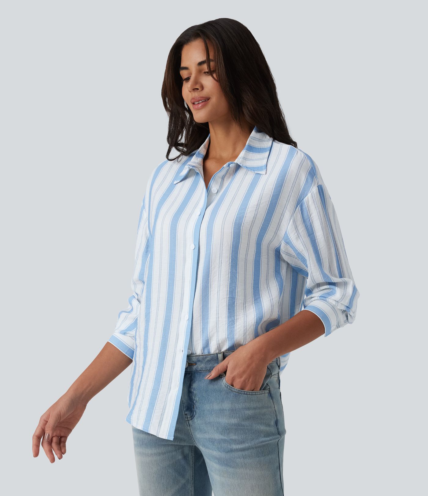 Chemise casual aspect lin à rayures col manches longues
