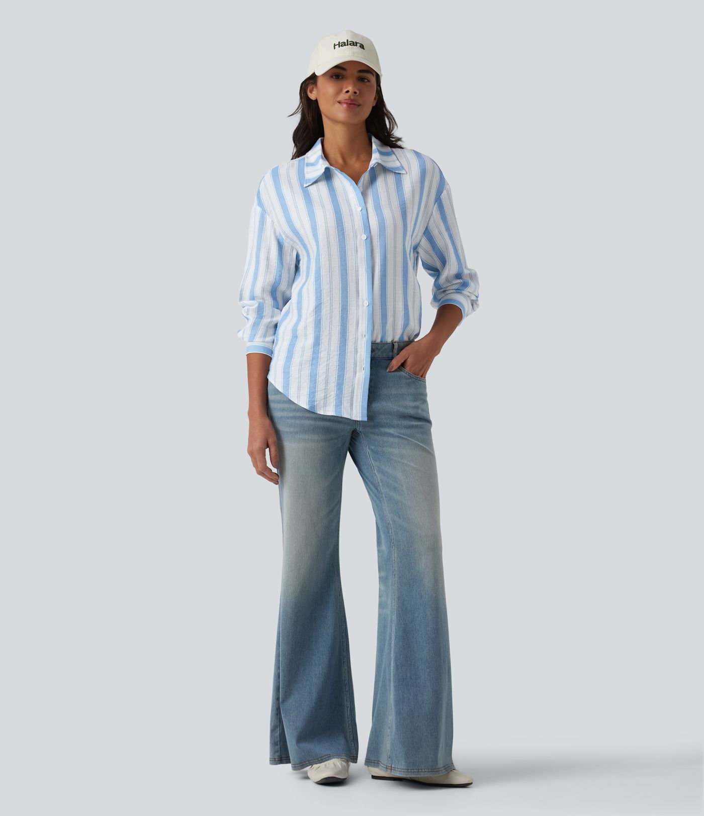 Chemise casual aspect lin à rayures col manches longues