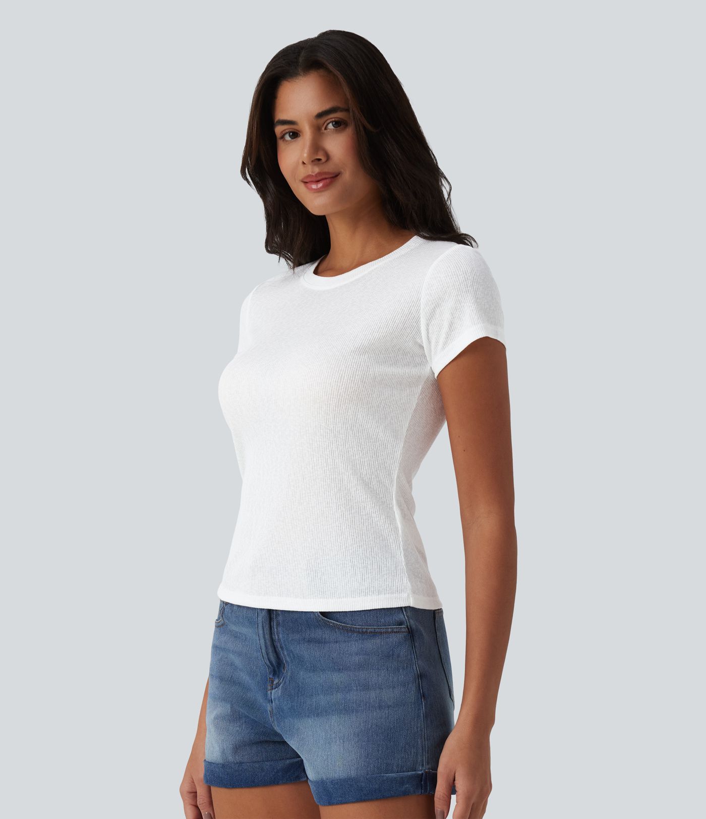 T-shirt casual semi-transparent côtelé maille col rond manches courtes