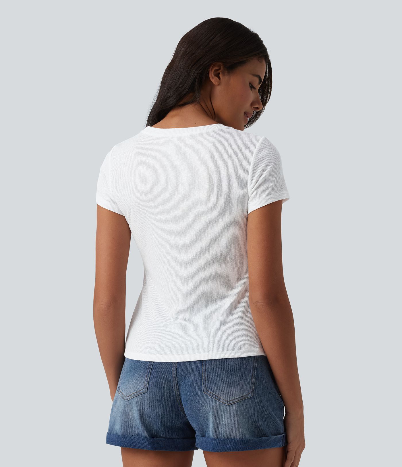 T-shirt casual semi-transparent côtelé maille col rond manches courtes