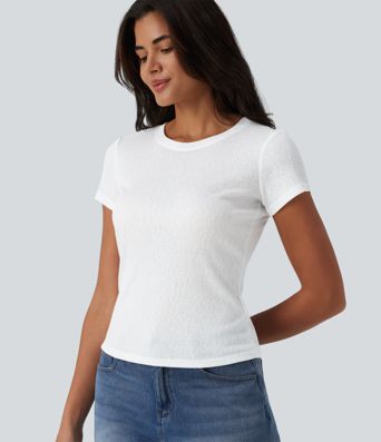 Semi Sheer Ribbed Knit Round Neck Short Sleeve Casual T-Shirt