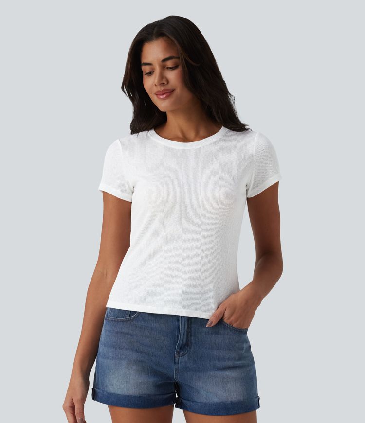 T-shirt casual semi-transparent côtelé maille col rond manches courtes
