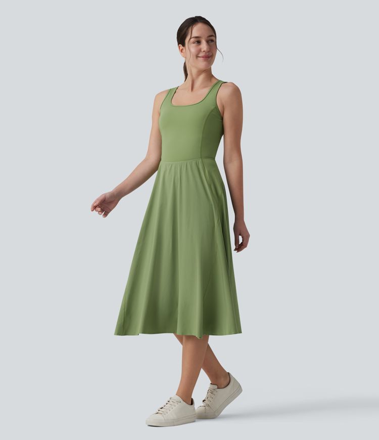 Breezeful™ Square Neck Crisscross Backless Built-in Bra 2-in-1 Midi Quick Dry Dance Active Dress with Pocket-Easy Peezy